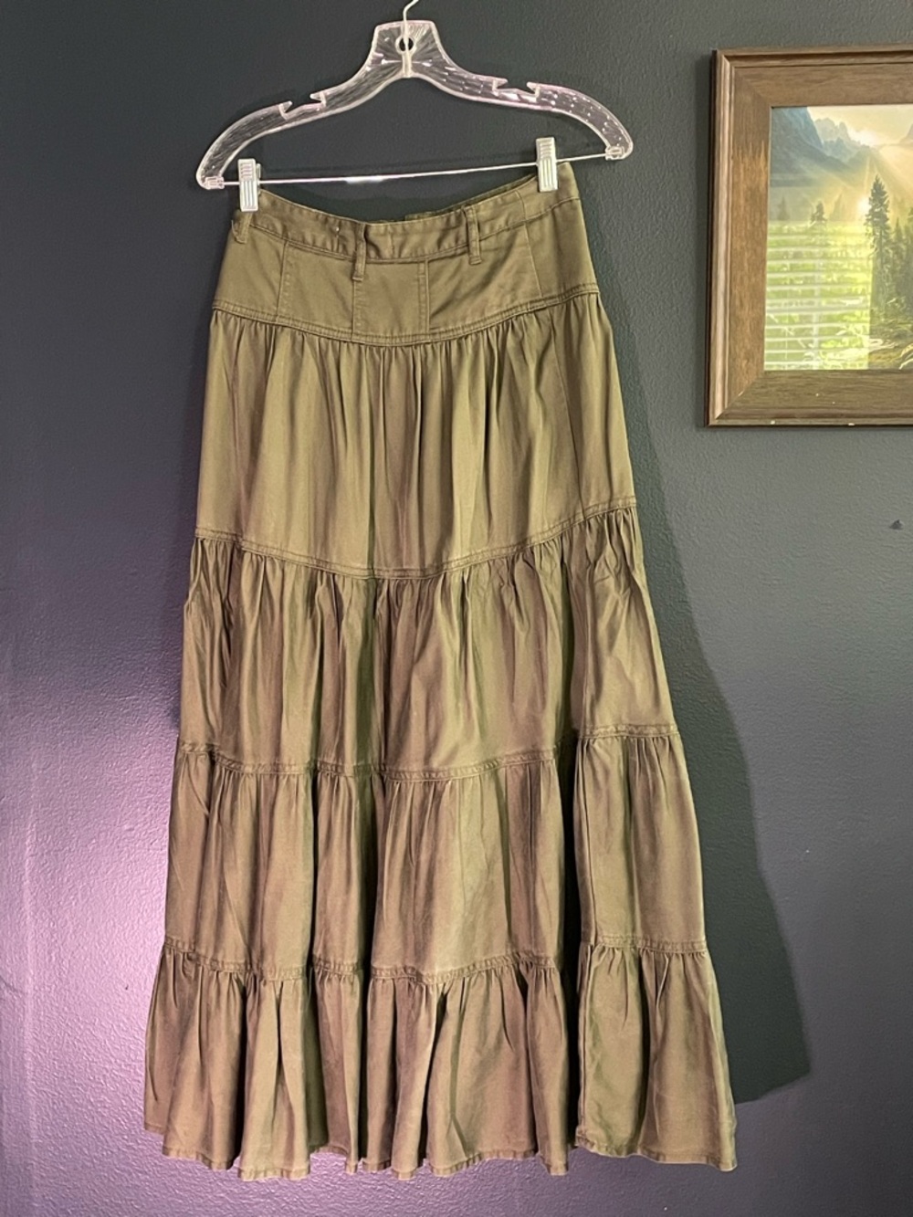 Anthropologie Lainey Olive Green Tiered Maxi Skirt 2. Yoke and Button waist. - Picture 2 of 6
